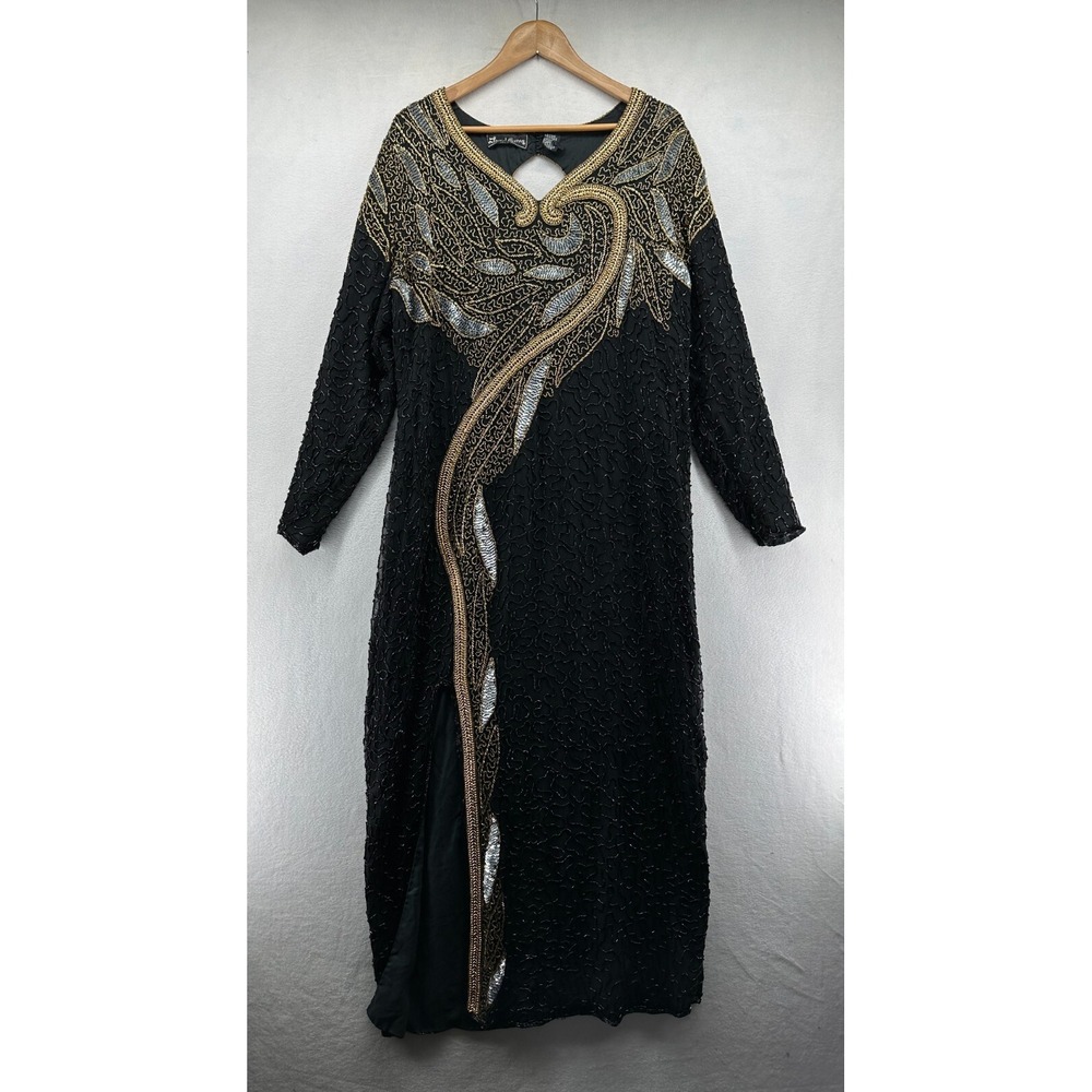 Jewel Queen Maxi Dress Black Women's Size 0 Silk Beaded Long Sleeve Evening Gown